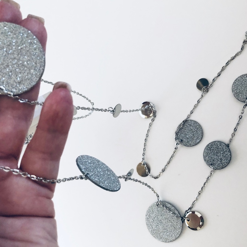 Long Silver Sparkling Disc Necklace